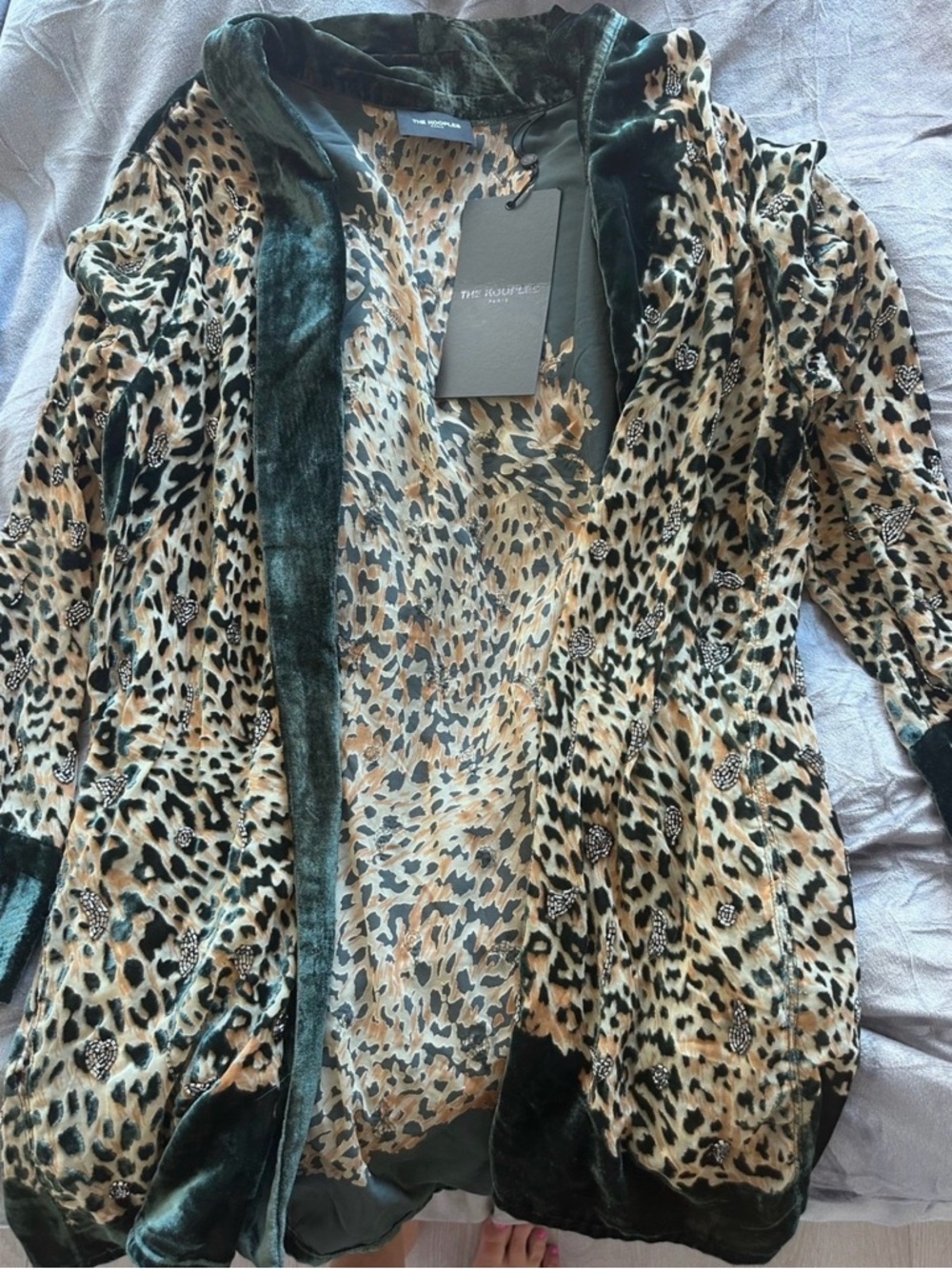 The Kooples designer Leopard Velvet Cardigan in Green and Tan